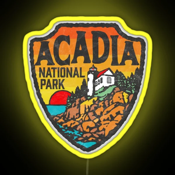 Acadia National Park Vintage Style Badge W Maine Coast And Lighthouse RGB Neon Sign