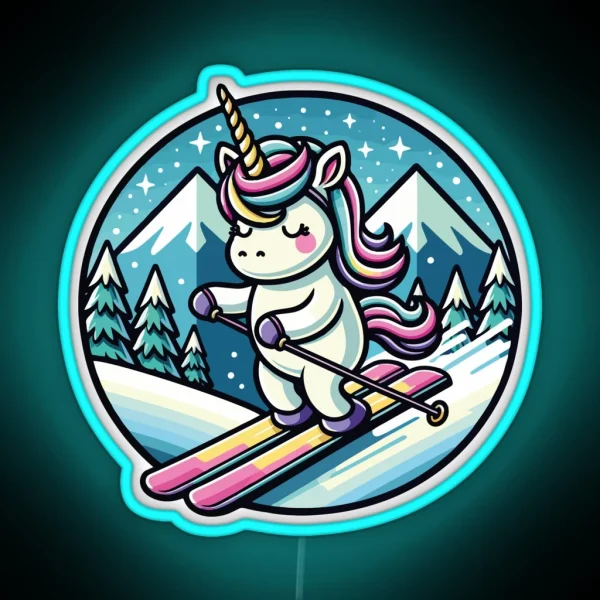 Adorable Unicorn Cartoon Art Magical Skiing In Winter RGB Neon Sign