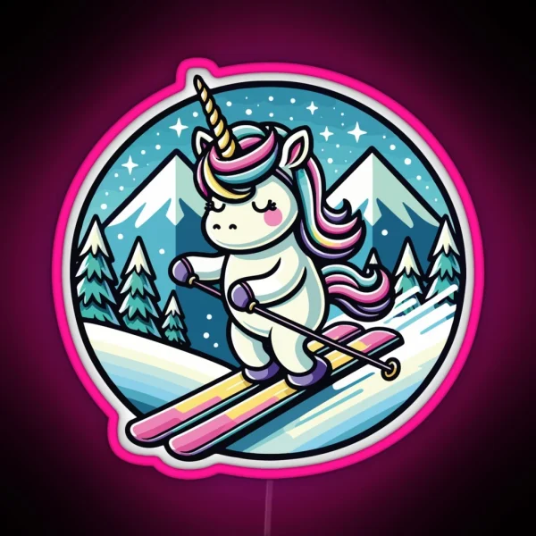 Adorable Unicorn Cartoon Art Magical Skiing In Winter RGB Neon Sign