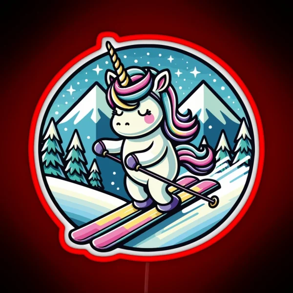 Adorable Unicorn Cartoon Art Magical Skiing In Winter RGB Neon Sign