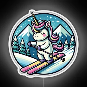 Adorable Unicorn Cartoon Art Magical Skiing In Winter RGB Neon Sign