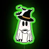 Mystical witch-themed neon sign with coffee, bats, and eerie glow