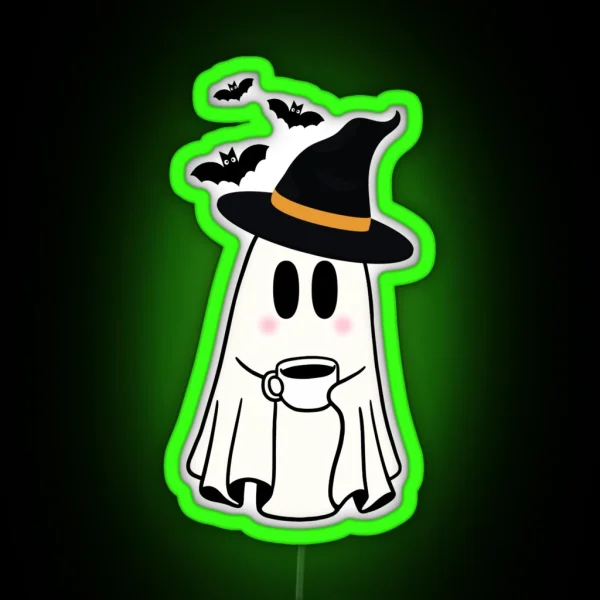 Adorable Witchy Ghost With Coffee And Bats RGB Neon Sign