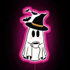 Whimsical RGB neon LED art canvas featuring witch, bats, coffee design.