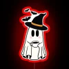 Whimsical witch-themed neon sign featuring ghost, coffee, and bats silhouette.