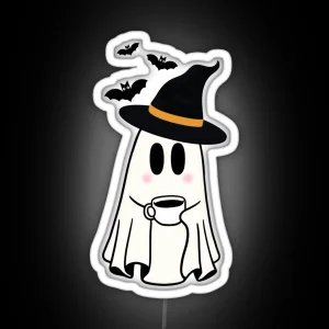 Adorable Witchy Ghost With Coffee And Bats RGB Neon Sign