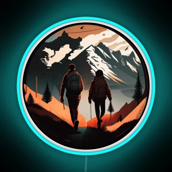 Adventure Couple Hiking Snowy Mountain RGB Neon Sign