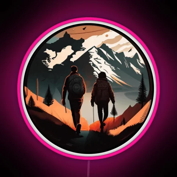 Adventure Couple Hiking Snowy Mountain RGB Neon Sign