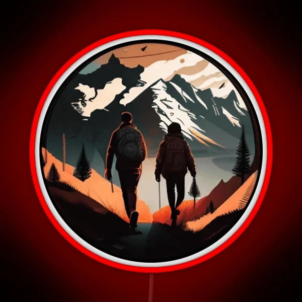 Adventure Couple Hiking Snowy Mountain RGB Neon Sign