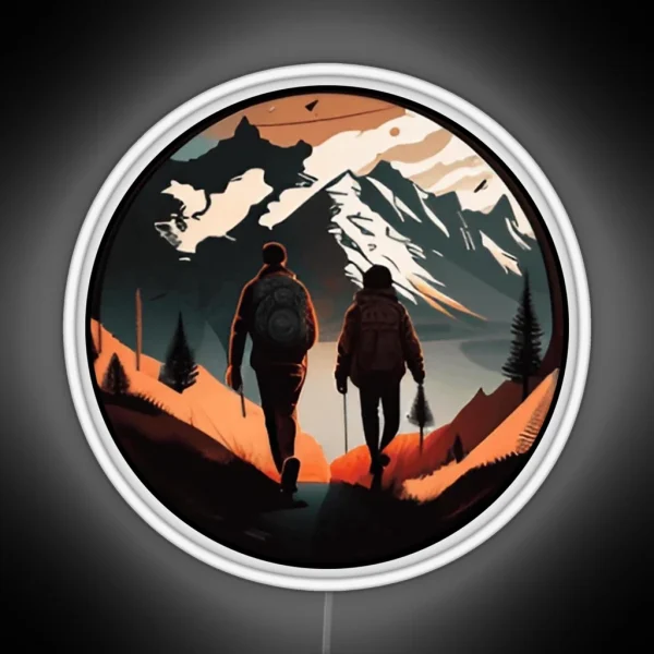 Adventure Couple Hiking Snowy Mountain RGB Neon Sign