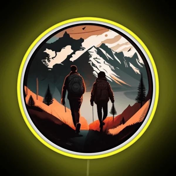 Adventure Couple Hiking Snowy Mountain RGB Neon Sign