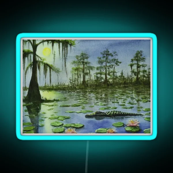 Alligator In The Moonlight Digital Watercolor RGB Neon Sign