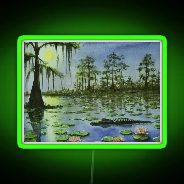 Alligator In The Moonlight Digital Watercolor RGB Neon Sign