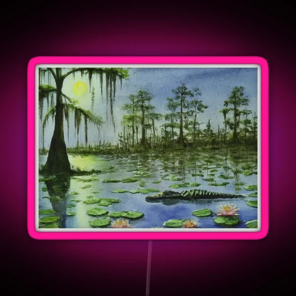 Alligator In The Moonlight Digital Watercolor RGB Neon Sign