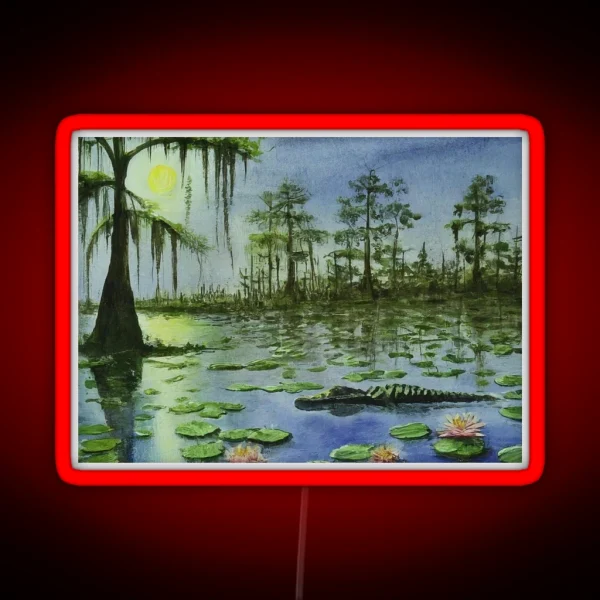 Alligator In The Moonlight Digital Watercolor RGB Neon Sign