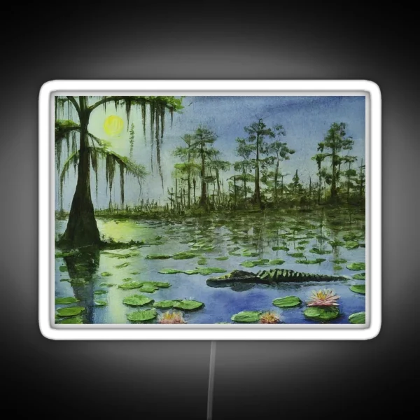 Alligator In The Moonlight Digital Watercolor RGB Neon Sign
