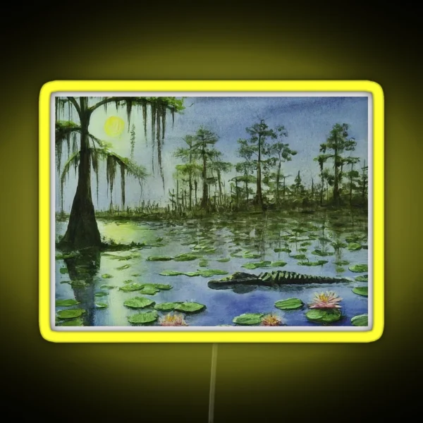 Alligator In The Moonlight Digital Watercolor RGB Neon Sign