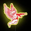 RGB neon angel wielding futuristic machine gun digital sign display.