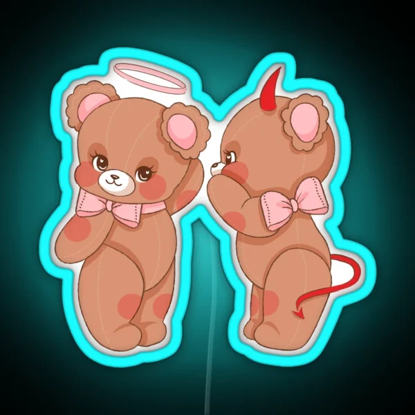 Angle And Devil Teddy Bears Cherub Aesthetic RGB Neon Sign