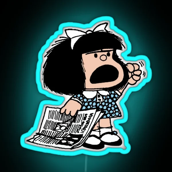 Angry Mafalda With Newspaper And Fist Raised Cartoon RGB Neon Sign