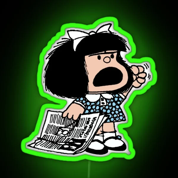 Angry Mafalda With Newspaper And Fist Raised Cartoon RGB Neon Sign