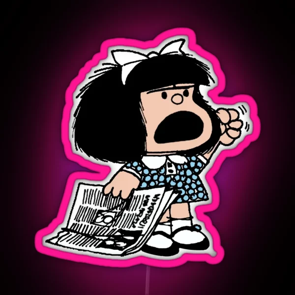 Angry Mafalda With Newspaper And Fist Raised Cartoon RGB Neon Sign
