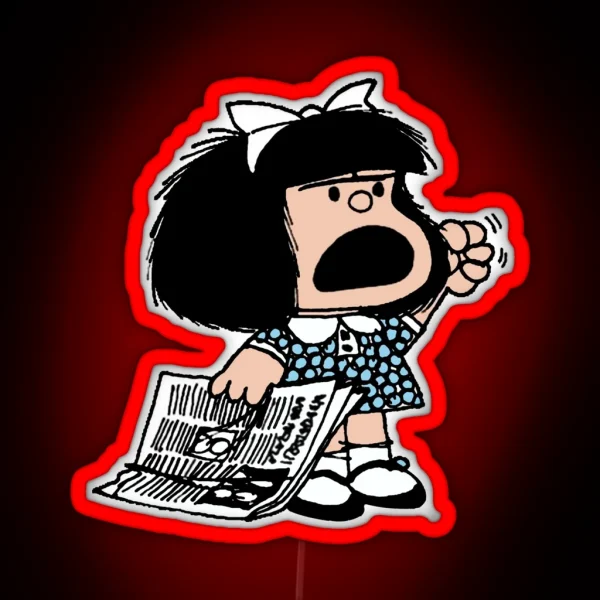 Angry Mafalda With Newspaper And Fist Raised Cartoon RGB Neon Sign