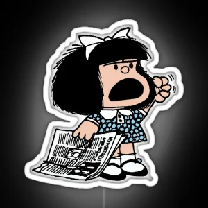 Angry Mafalda With Newspaper And Fist Raised Cartoon Quino Argentina RGB Neon Sign
