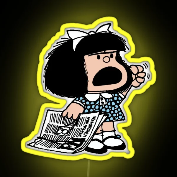 Angry Mafalda With Newspaper And Fist Raised Cartoon RGB Neon Sign