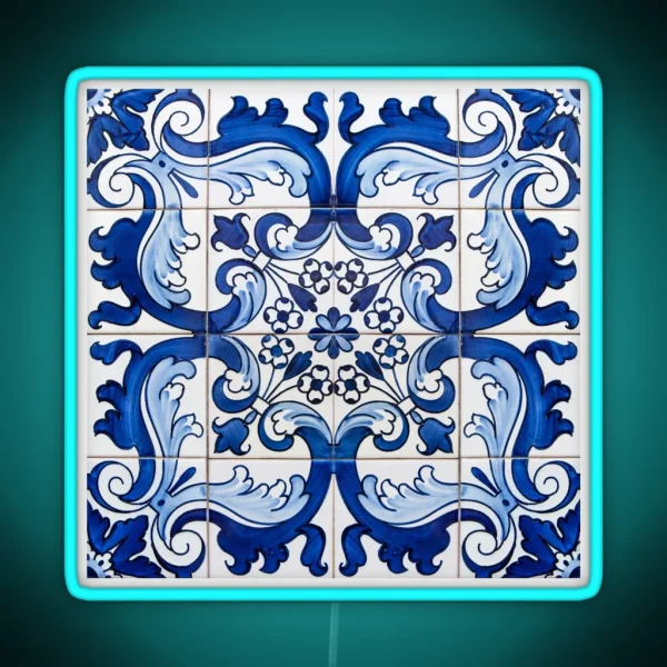 Antique Classic Lisbon Blue Azulejo Tile Floral Pattern RGB Neon Sign