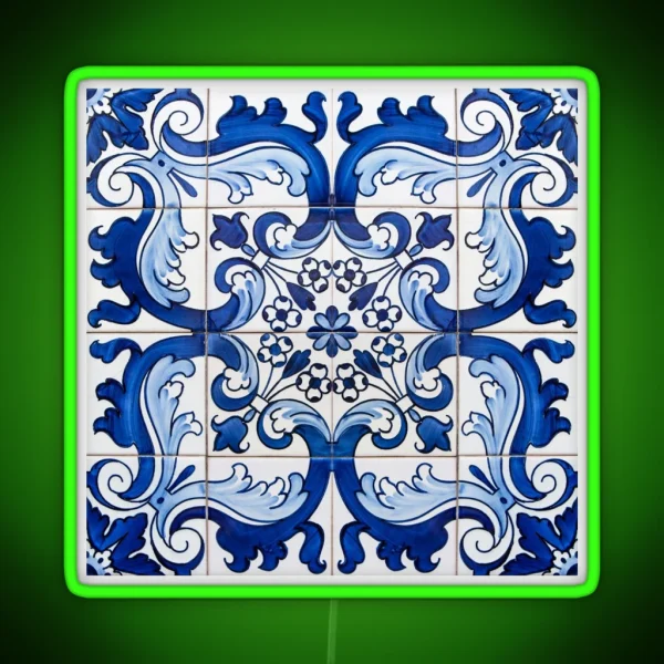 Antique Classic Lisbon Blue Azulejo Tile Floral Pattern RGB Neon Sign