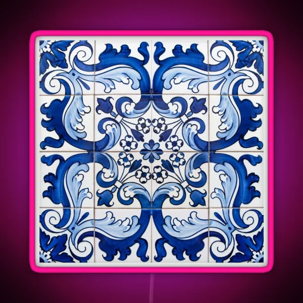 Antique Classic Lisbon Blue Azulejo Tile Floral Pattern RGB Neon Sign