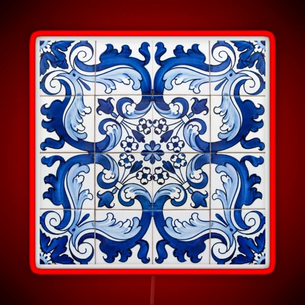 Antique Classic Lisbon Blue Azulejo Tile Floral Pattern RGB Neon Sign