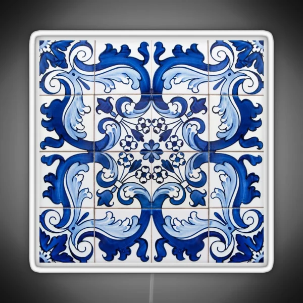 Antique Classic Lisbon Blue Azulejo Tile Floral Pattern RGB Neon Sign