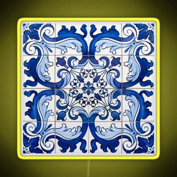 Antique Classic Lisbon Blue Azulejo Tile Floral Pattern RGB Neon Sign