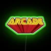Vintage gaming neon sign featuring colorful pixel art designs arcade love.