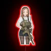 Bold Military-inspired Neon Sign Featuring an Armed Female Warrior Silhouette