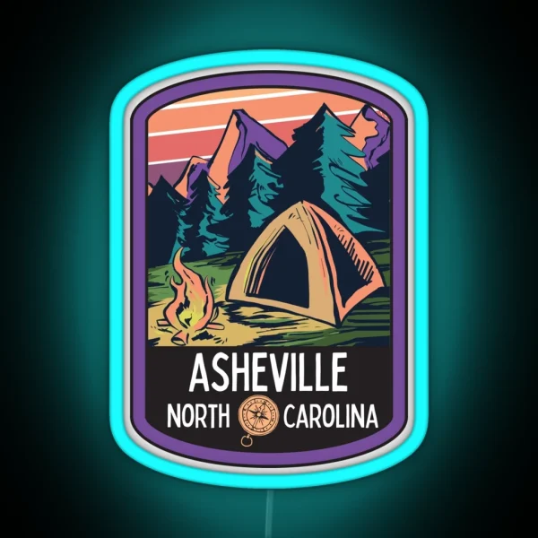 Asheville North Carolina NC Mountain Tent Campfire Camping Design RGB Neon Sign