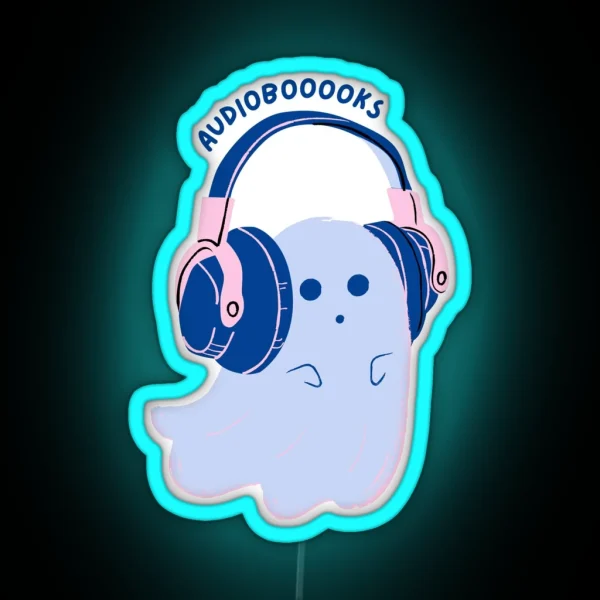 Audiobooooks Cute Blue Ghost Listening To An Audiobook RGB Neon Sign