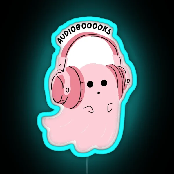 Audiobooooks Cute Pink Ghost Listening To An Audiobook RGB Neon Sign