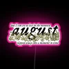 Vibrant neon sign featuring whimsical August folklore illustrations in color.
