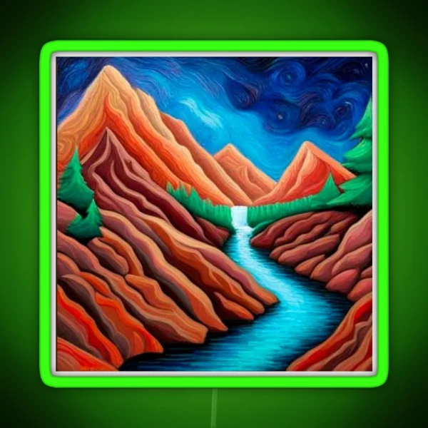 Aurora With Waterfall And Fir Trees RGB Neon Sign