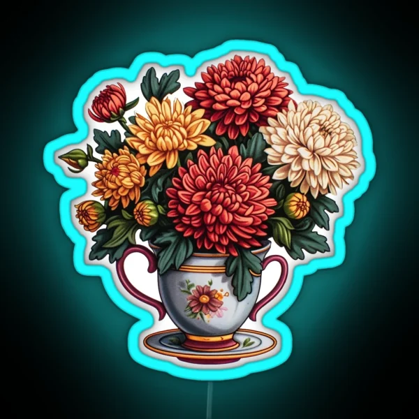 Autumn Elegance Chrysanthemum Teacup Bouquet RGB Neon Sign