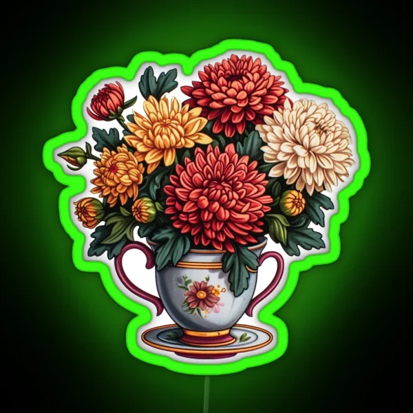 Autumn Elegance Chrysanthemum Teacup Bouquet RGB Neon Sign