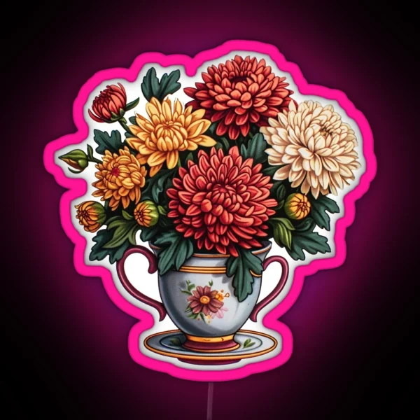 Autumn Elegance Chrysanthemum Teacup Bouquet RGB Neon Sign