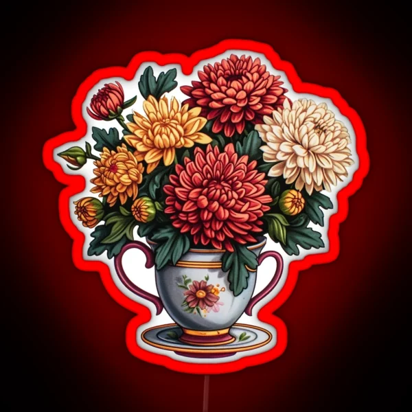 Autumn Elegance Chrysanthemum Teacup Bouquet RGB Neon Sign