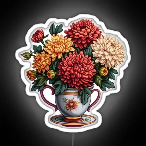 Autumn Elegance Chrysanthemum Teacup Bouquet RGB Neon Sign