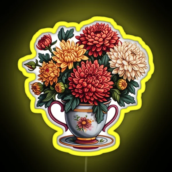 Autumn Elegance Chrysanthemum Teacup Bouquet RGB Neon Sign