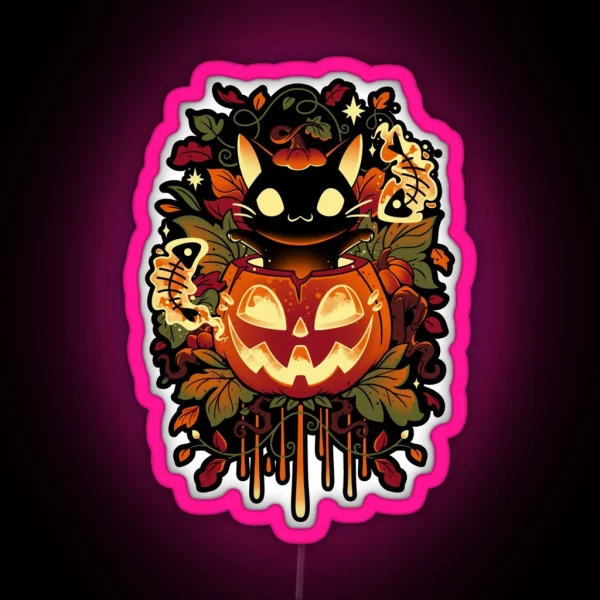 Autumn Tricks Halloween Black Cat And Pumpkin RGB Neon Sign