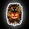 A Vibrant Neon Sign Featuring a Black Cat and Pumpkin
